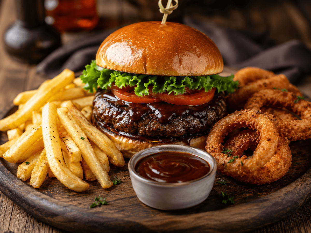 Burger Vita cu Cartofi Prajiti , Inele Ceapa si Sos Barbeque